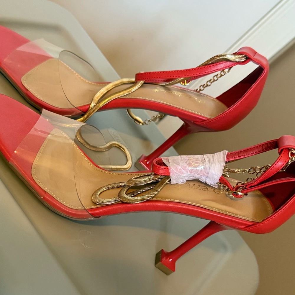 Shoe Dazzle Red and Gold Strappy Heels